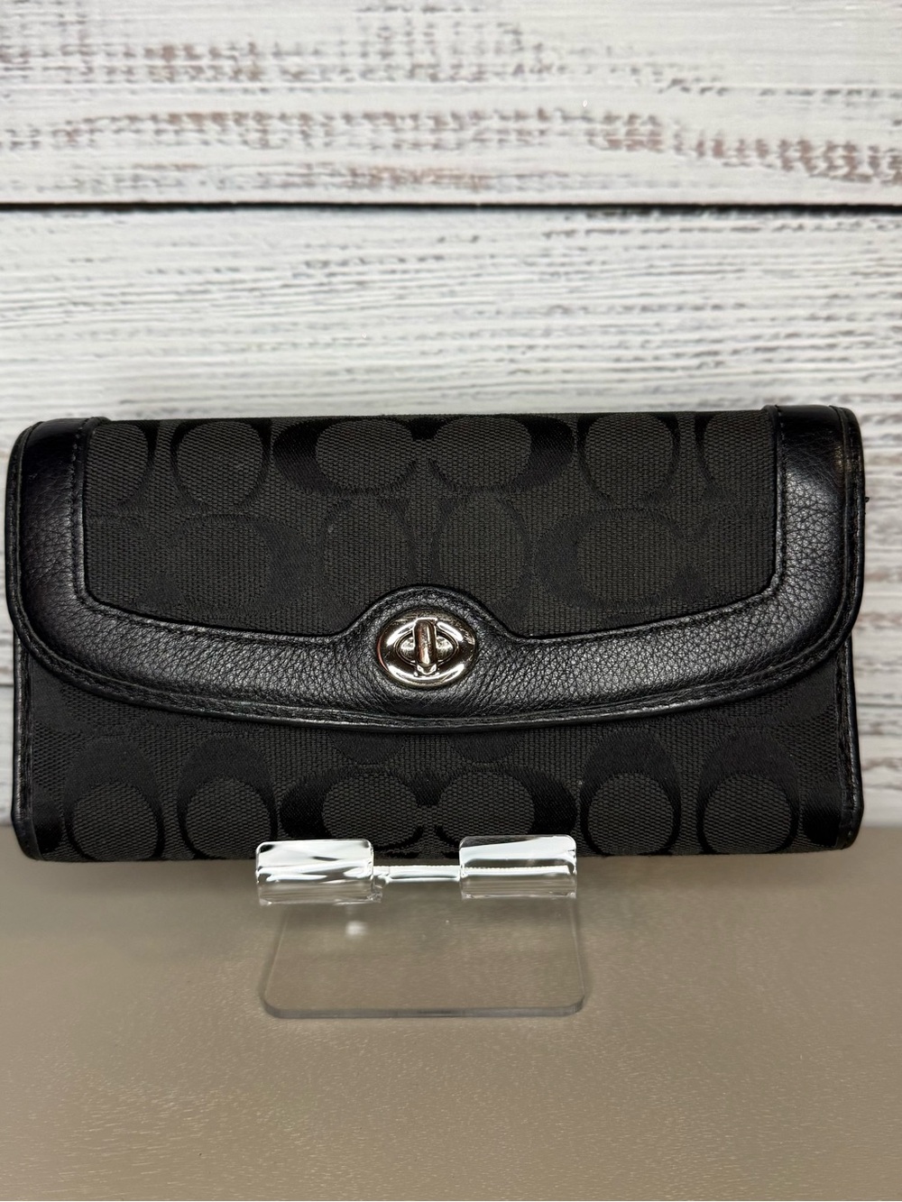 Vintage Coach black Signature Canvas trifold Wallet/clutch Set leather trim